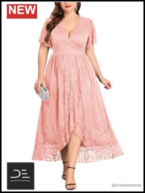 Dresses & Skirts - Plus Size Floral Lace High Low Maxi Dress Ruffle Sleeve Formal Evening Gown